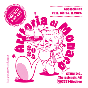 Illustration für die Arttoria di Monaco, eine Ausstellung der Munich Pop Art Illustration für die Munich Pop Art - Pizzaslide als karikatur als Kellner mit Tablett und Getränken