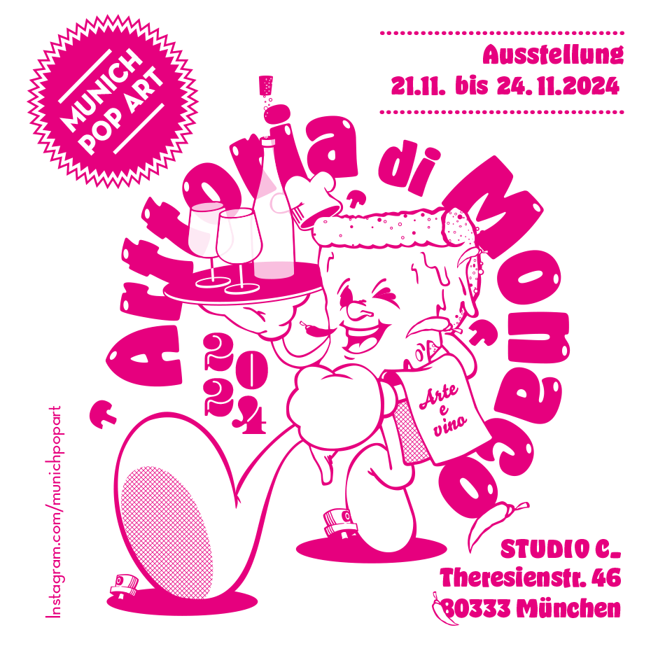 Illustration für die Munich Pop Art - Pizzaslide als karikatur als Kellner mit Tablett und Getränken
